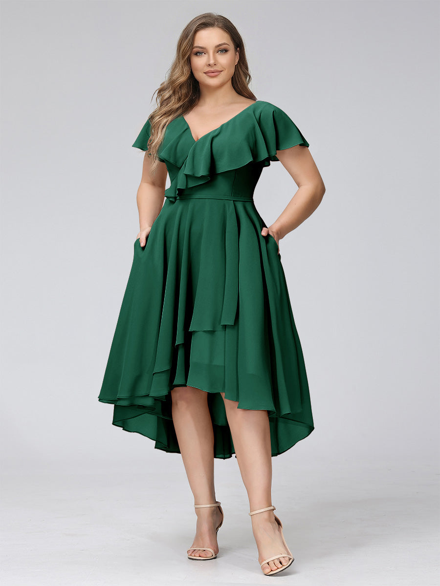 A-Line V-Neck Short Sleeves Asymmetrical Chiffon Plus Size Bridesmaid Dresses With Pockets