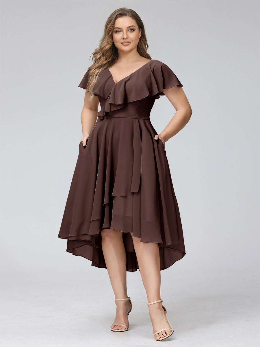 A-Line V-Neck Short Sleeves Asymmetrical Chiffon Plus Size Bridesmaid Dresses With Pockets