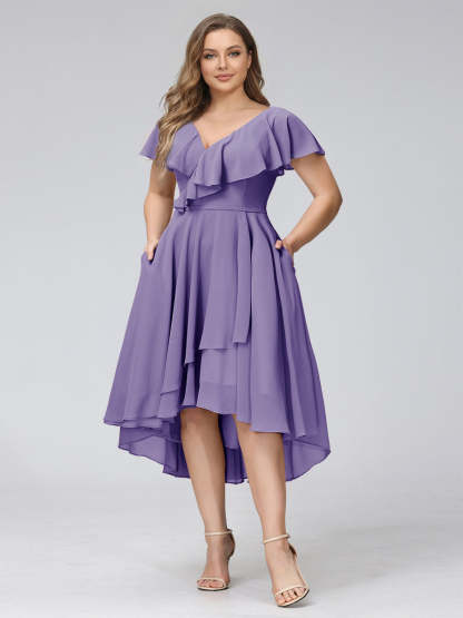 A-Line V-Neck Short Sleeves Asymmetrical Chiffon Plus Size Bridesmaid Dresses With Pockets