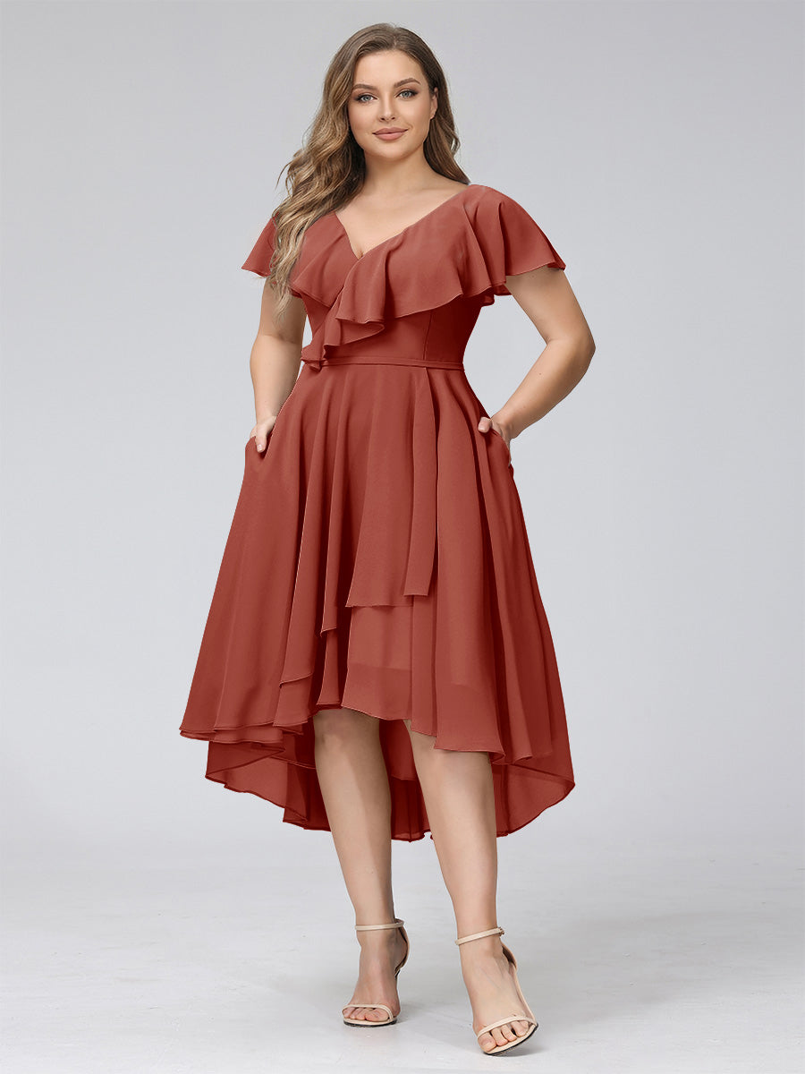 A-Line V-Neck Short Sleeves Asymmetrical Chiffon Plus Size Bridesmaid Dresses With Pockets