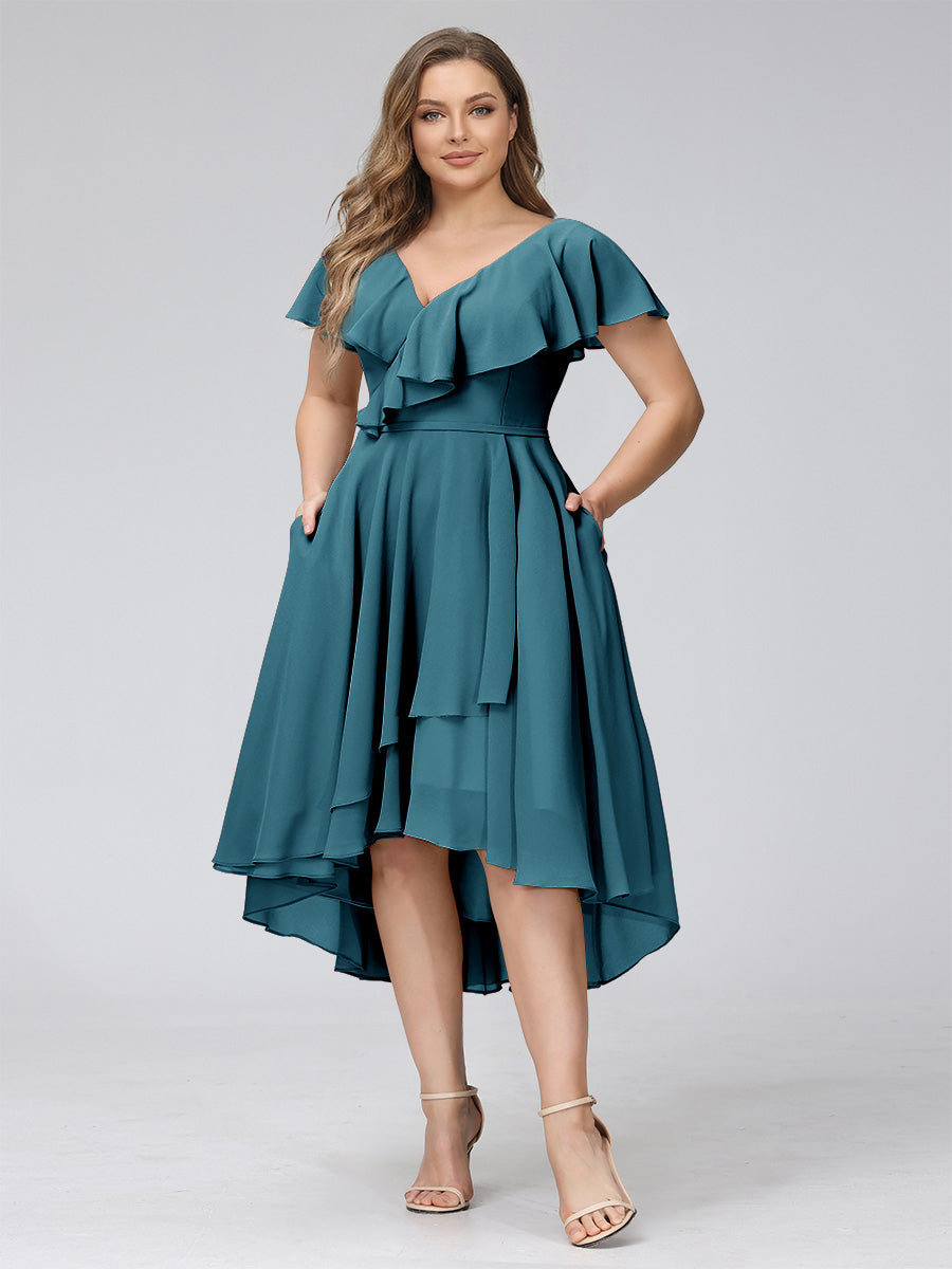 A-Line V-Neck Short Sleeves Asymmetrical Chiffon Plus Size Bridesmaid Dresses With Pockets