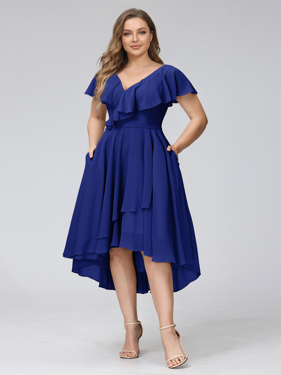 A-Line V-Neck Short Sleeves Asymmetrical Chiffon Plus Size Bridesmaid Dresses With Pockets