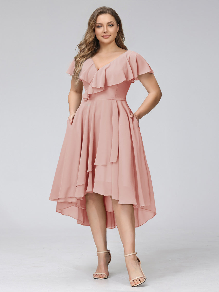 A-Line V-Neck Short Sleeves Asymmetrical Chiffon Plus Size Bridesmaid Dresses With Pockets