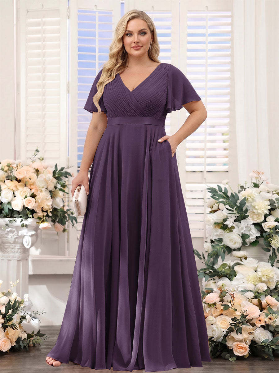 A-Line V-Neck Short Sleeves Chiffon Plus Size Bridesmaid Dresses with Pockets