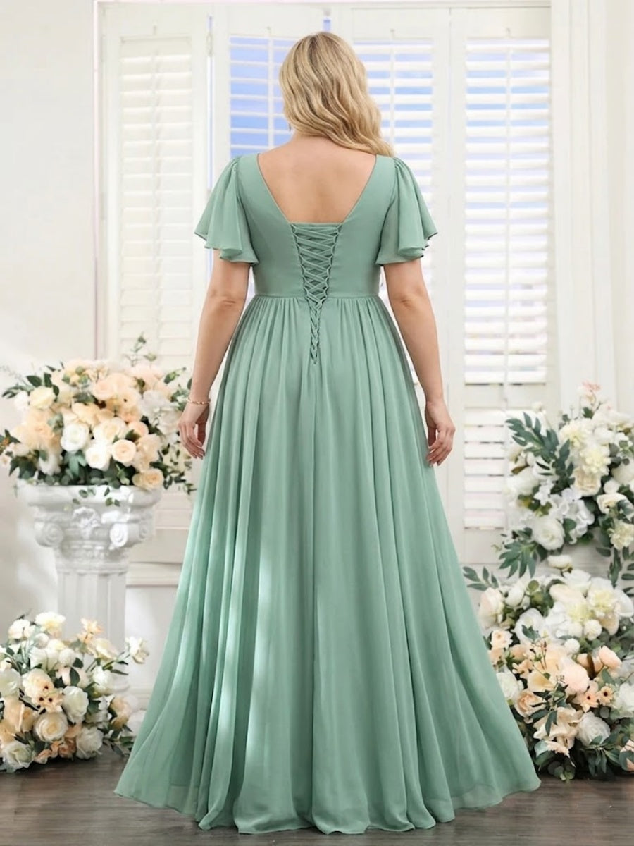 A-Line V-Neck Short Sleeves Split Side Chiffon Plus Size Bridesmaid Dresses with Pockets