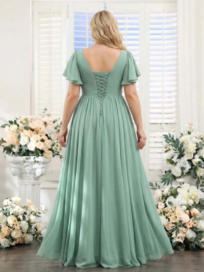 A-Line V-Neck Short Sleeves Split Side Chiffon Plus Size Bridesmaid Dresses with Pockets
