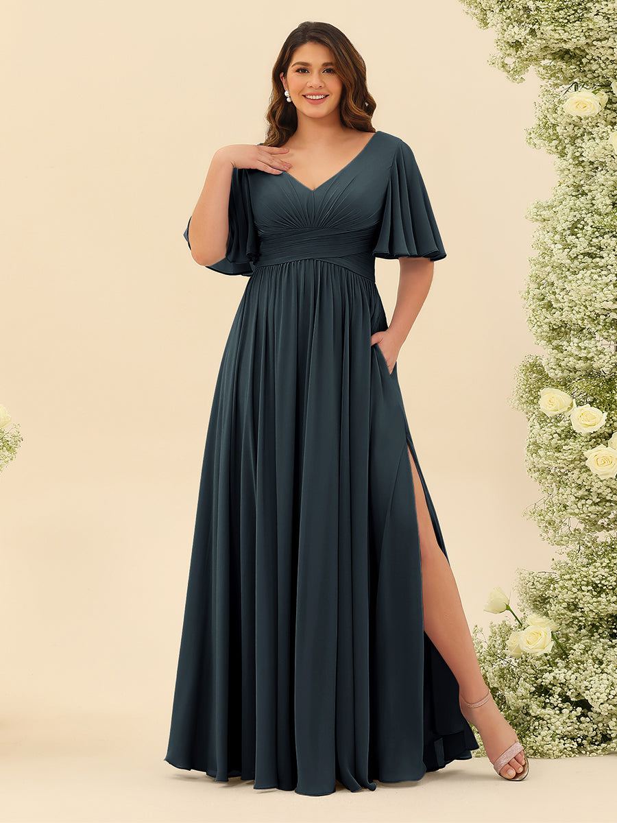 A-Line V-Neck Short Sleeves Split Side Chiffon Plus Size Bridesmaid Dresses with Pockets