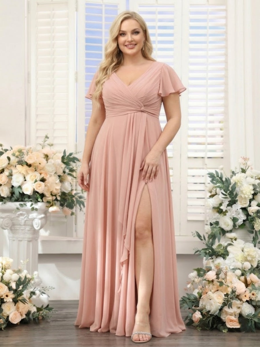 A-Line V-Neck Short Sleeves Split Side Chiffon Plus Size Bridesmaid Dresses