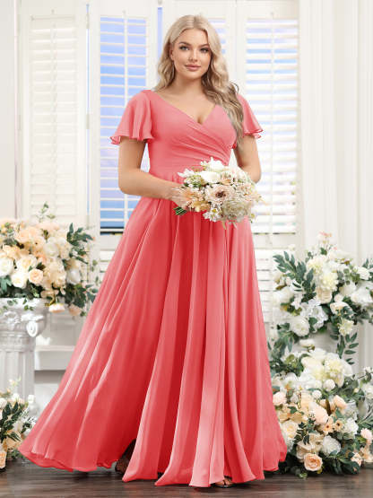 A-Line V-Neck Short Sleeves Split Side Ruched Chiffon Plus Size Bridesmaid Dresses