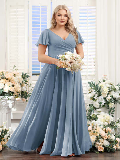 A-Line V-Neck Short Sleeves Split Side Ruched Chiffon Plus Size Bridesmaid Dresses