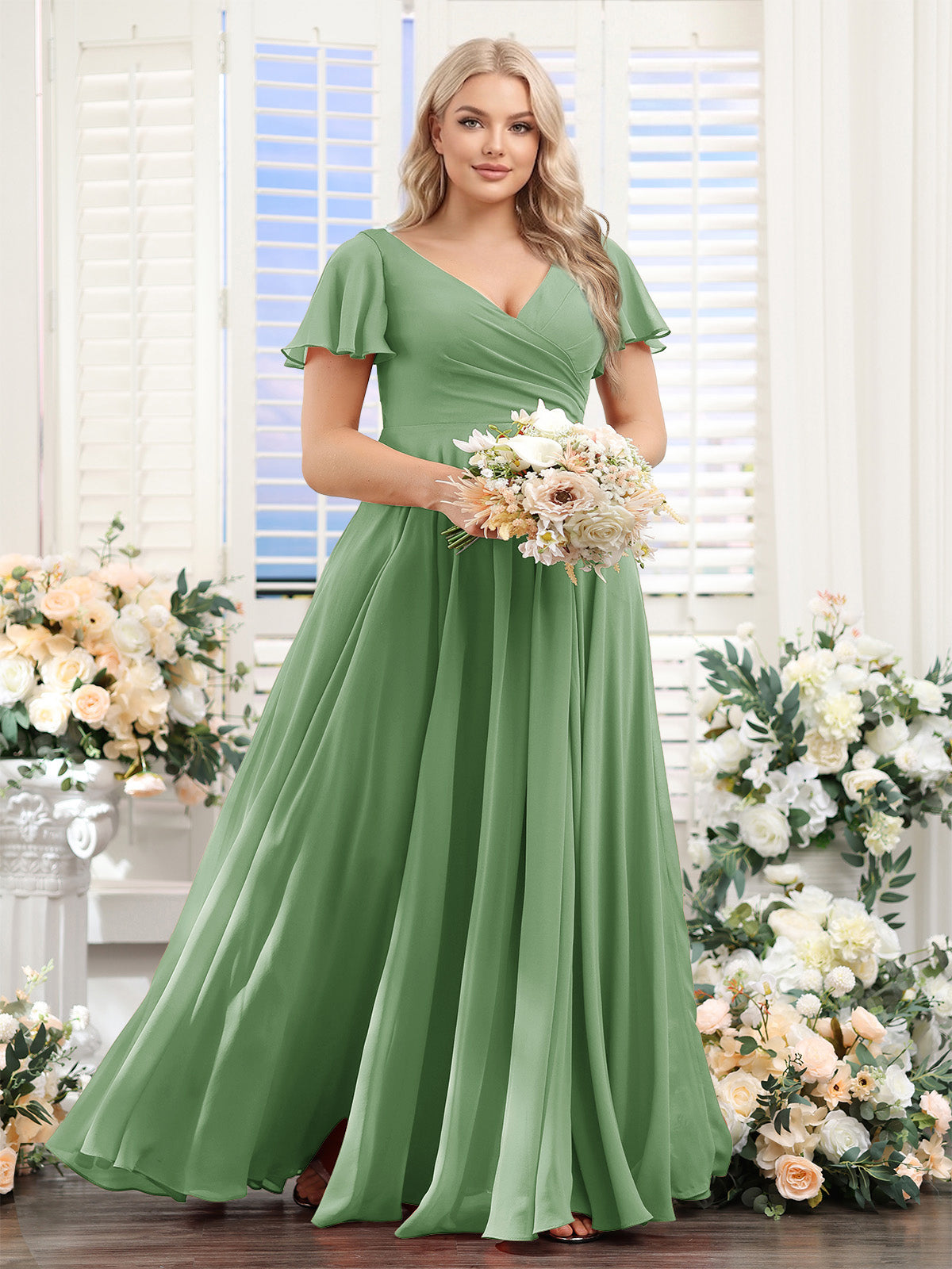 A-Line V-Neck Short Sleeves Split Side Ruched Chiffon Plus Size Bridesmaid Dresses