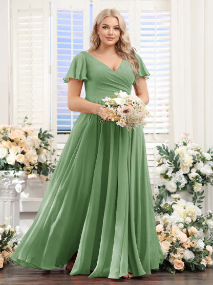 A-Line V-Neck Short Sleeves Split Side Ruched Chiffon Plus Size Bridesmaid Dresses