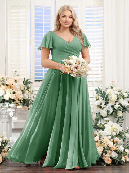 A-Line V-Neck Short Sleeves Split Side Ruched Chiffon Plus Size Bridesmaid Dresses
