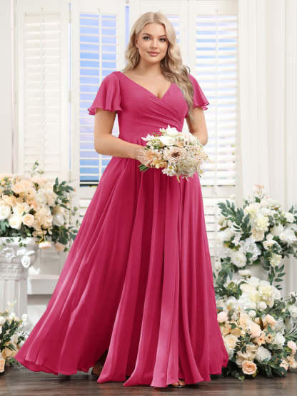 A-Line V-Neck Short Sleeves Split Side Ruched Chiffon Plus Size Bridesmaid Dresses