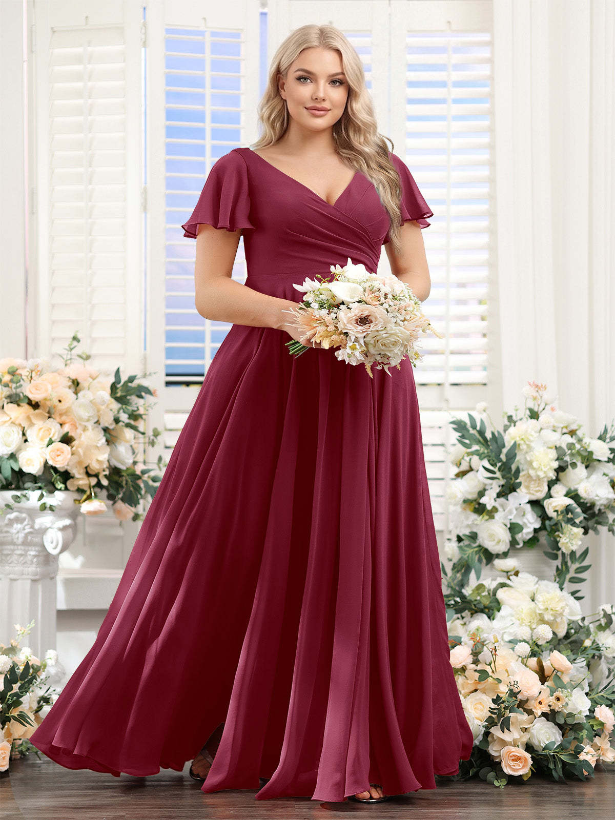 A-Line V-Neck Short Sleeves Split Side Ruched Chiffon Plus Size Bridesmaid Dresses