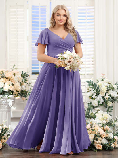 A-Line V-Neck Short Sleeves Split Side Ruched Chiffon Plus Size Bridesmaid Dresses