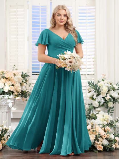 A-Line V-Neck Short Sleeves Split Side Ruched Chiffon Plus Size Bridesmaid Dresses