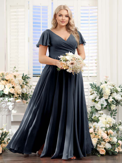 A-Line V-Neck Short Sleeves Split Side Ruched Chiffon Plus Size Bridesmaid Dresses