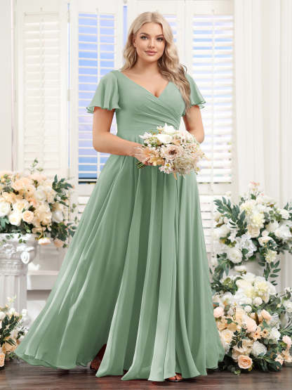 A-Line V-Neck Short Sleeves Split Side Ruched Chiffon Plus Size Bridesmaid Dresses
