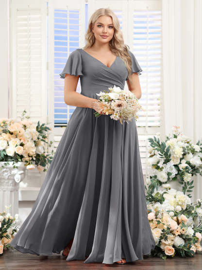 A-Line V-Neck Short Sleeves Split Side Ruched Chiffon Plus Size Bridesmaid Dresses