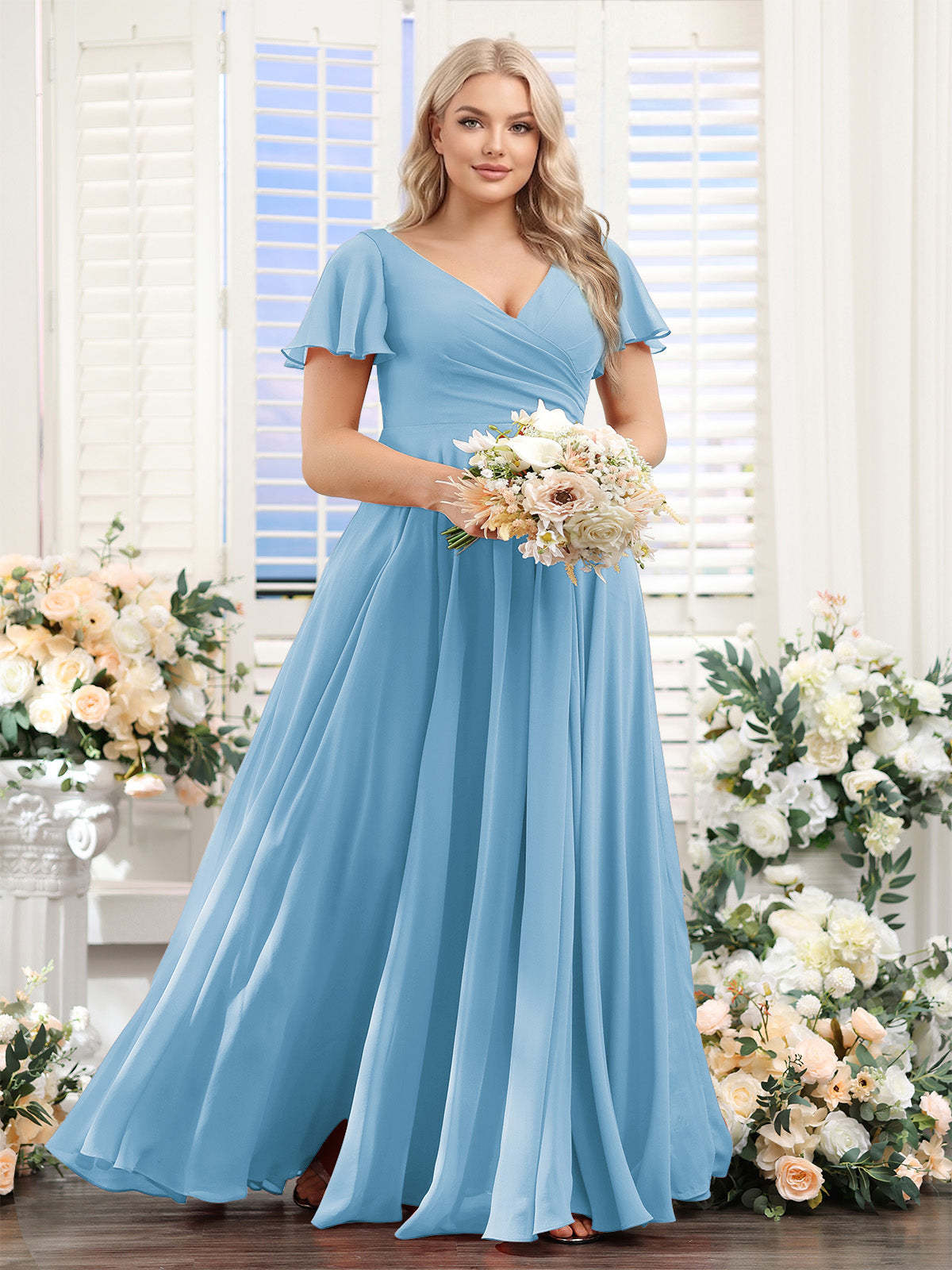 A-Line V-Neck Short Sleeves Split Side Ruched Chiffon Plus Size Bridesmaid Dresses