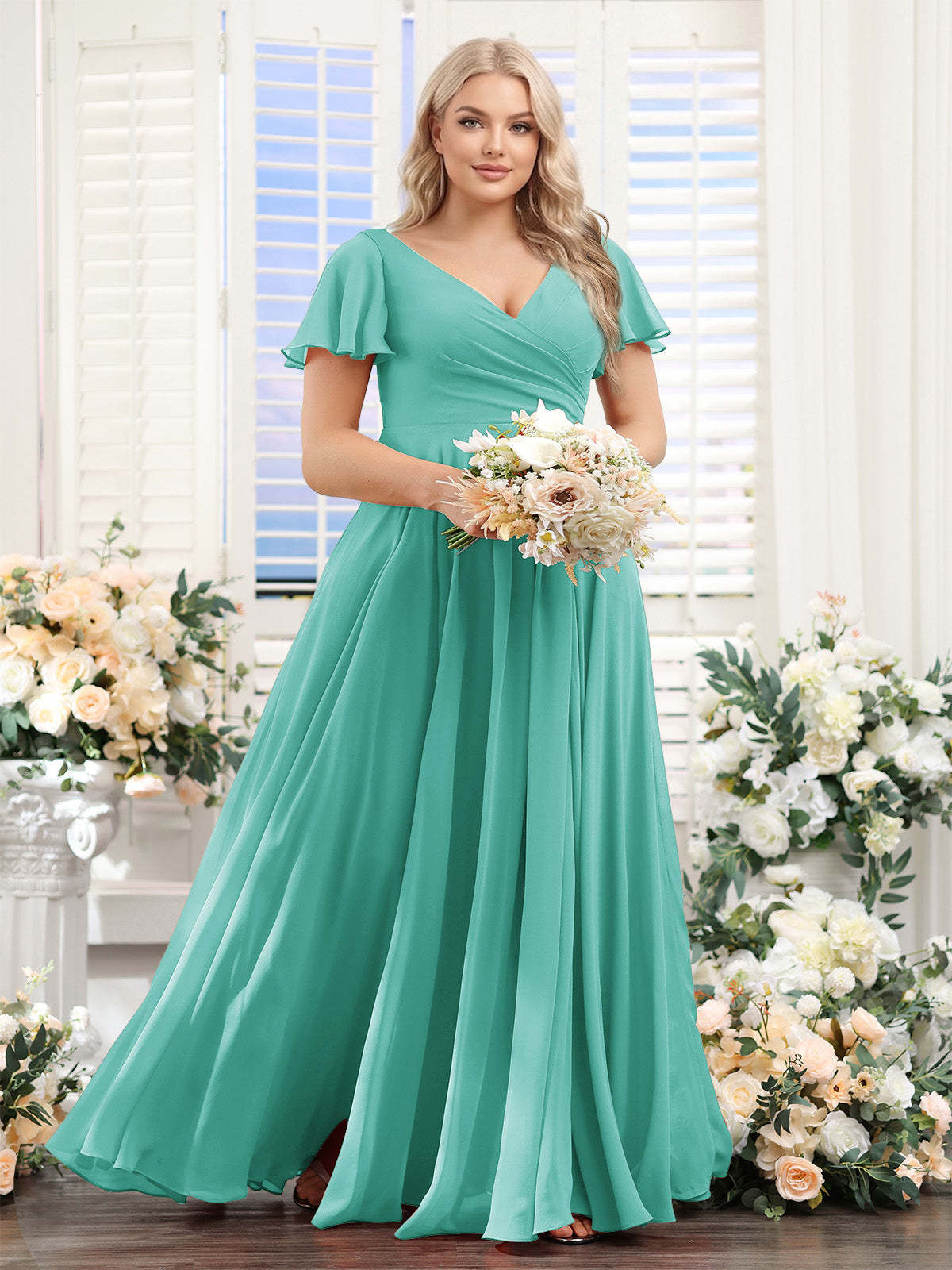 A-Line V-Neck Short Sleeves Split Side Ruched Chiffon Plus Size Bridesmaid Dresses
