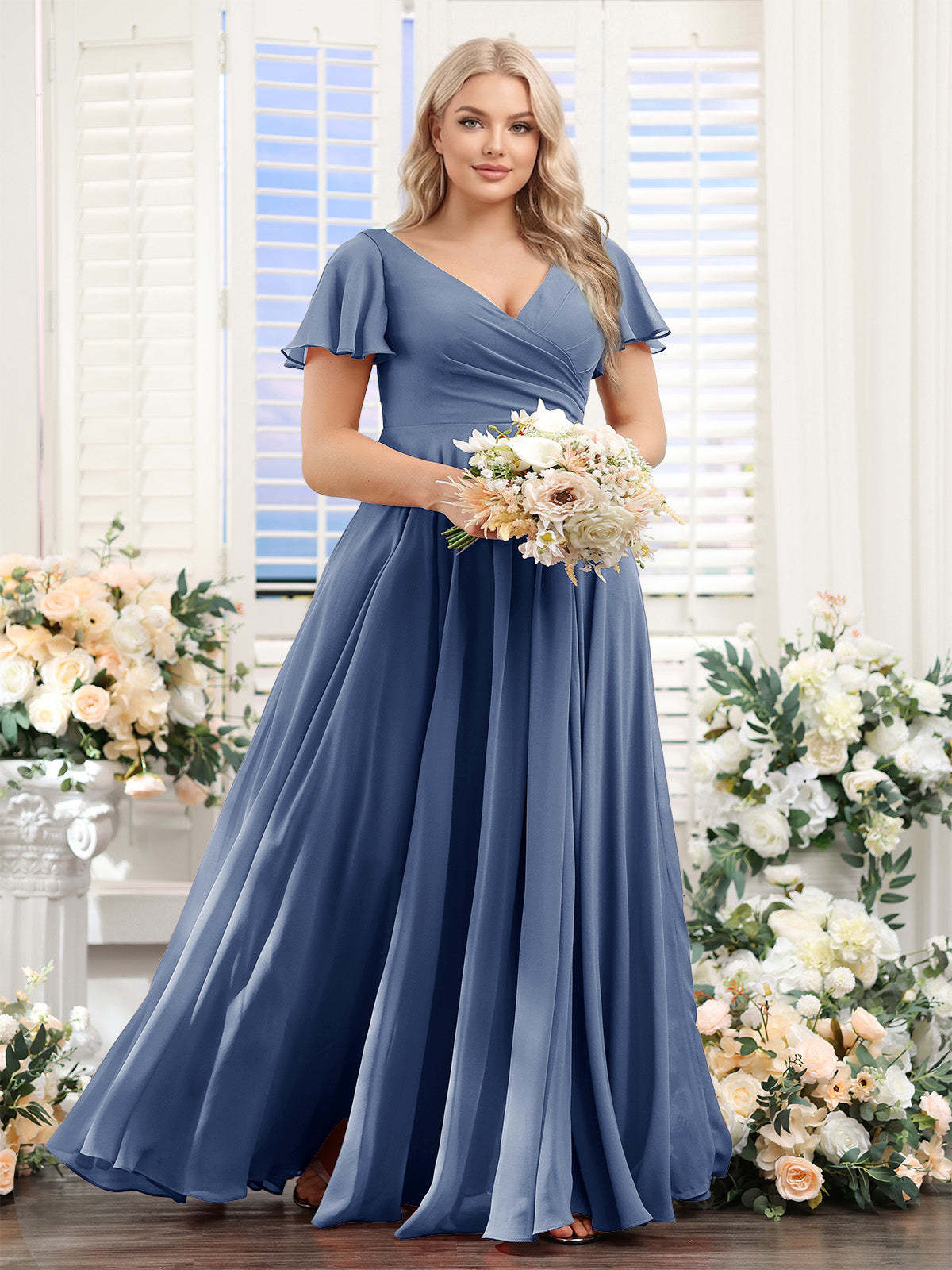 A-Line V-Neck Short Sleeves Split Side Ruched Chiffon Plus Size Bridesmaid Dresses