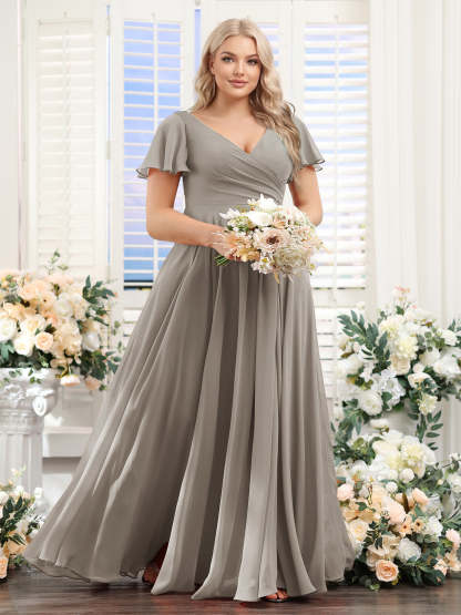 A-Line V-Neck Short Sleeves Split Side Ruched Chiffon Plus Size Bridesmaid Dresses