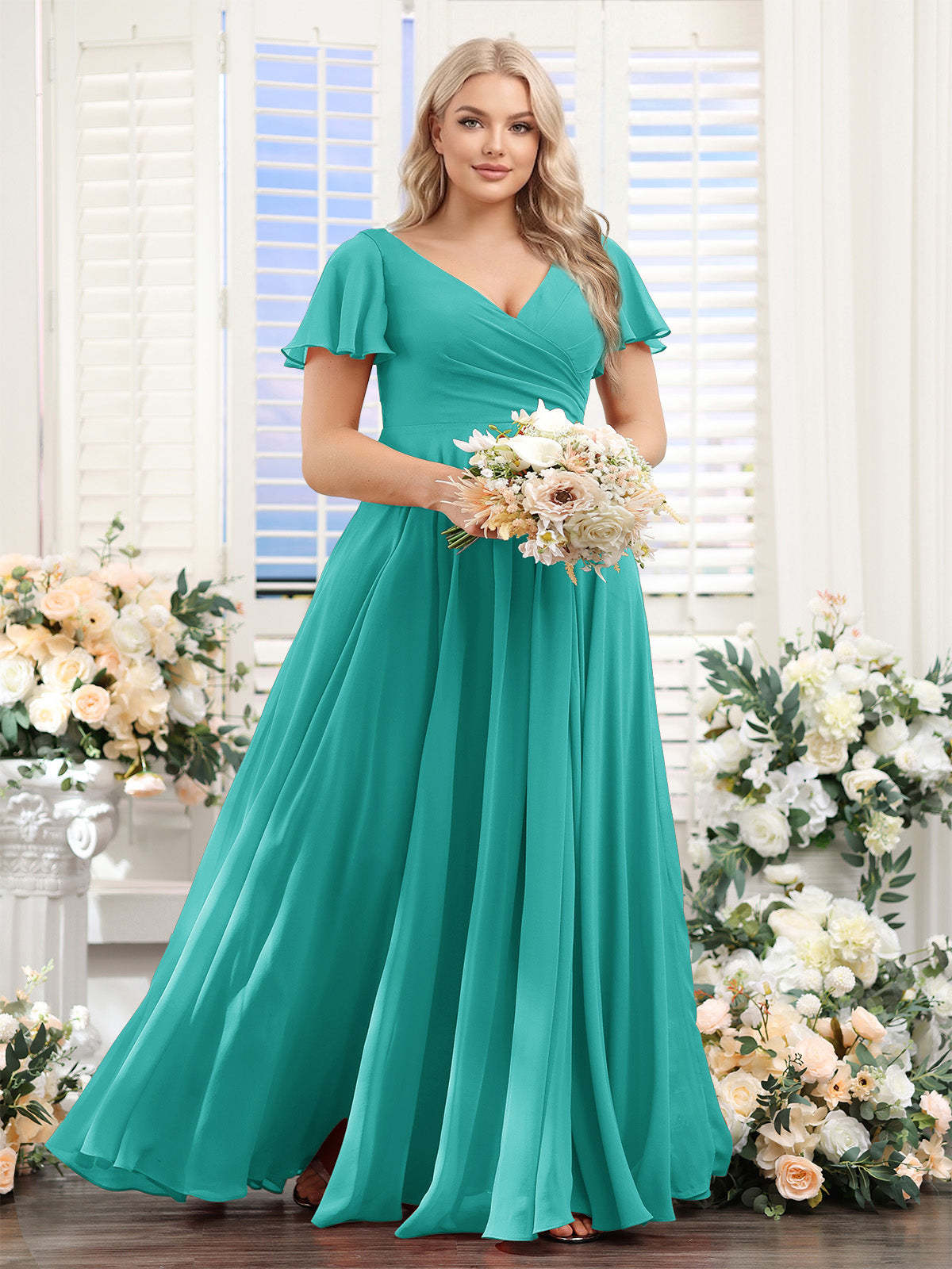 A-Line V-Neck Short Sleeves Split Side Ruched Chiffon Plus Size Bridesmaid Dresses
