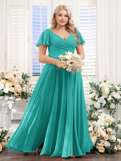 A-Line V-Neck Short Sleeves Split Side Ruched Chiffon Plus Size Bridesmaid Dresses