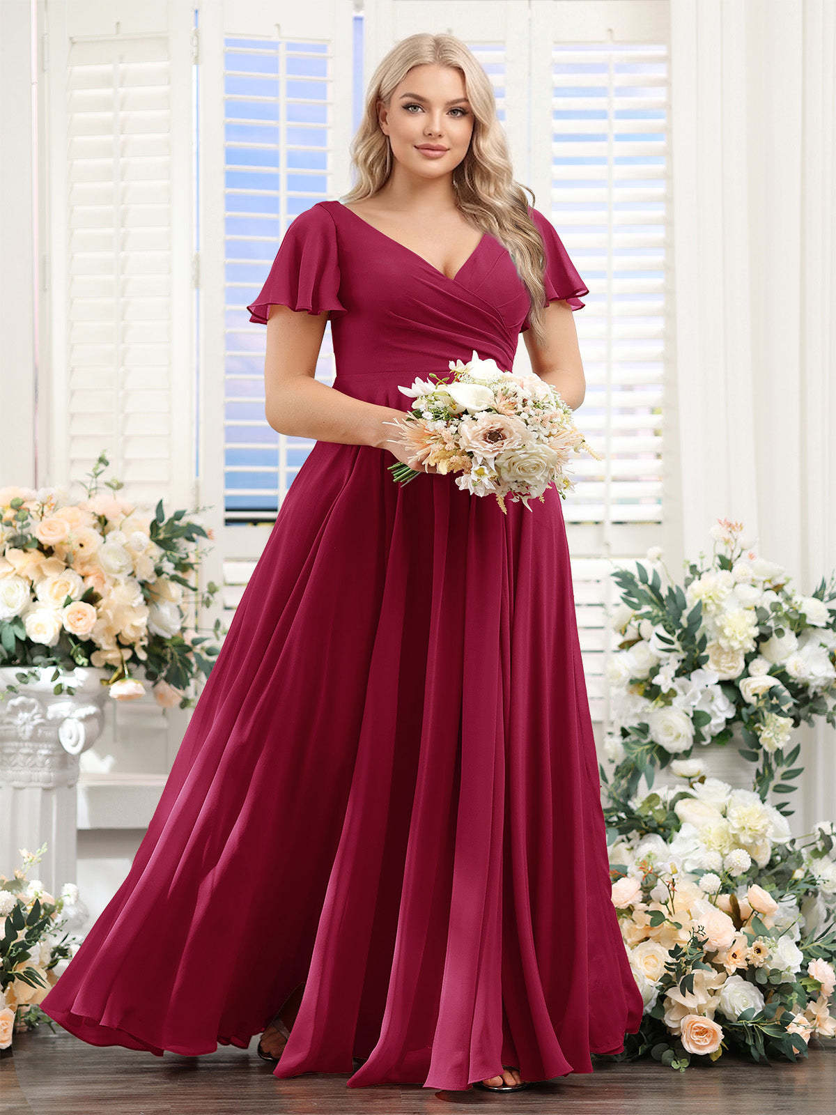 A-Line V-Neck Short Sleeves Split Side Ruched Chiffon Plus Size Bridesmaid Dresses
