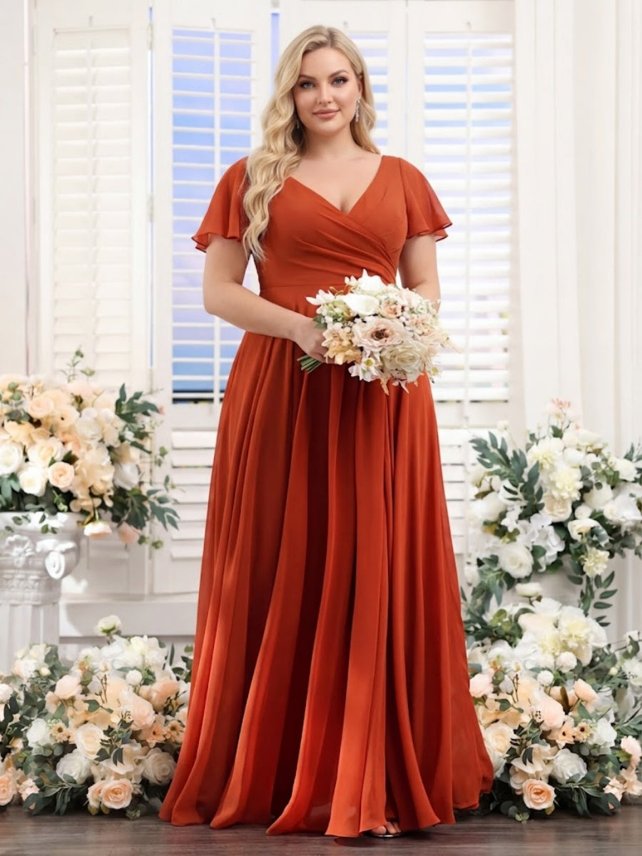 A-Line V-Neck Short Sleeves Split Side Ruched Chiffon Plus Size Bridesmaid Dresses