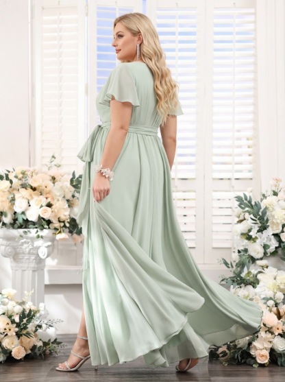 A-Line V-Neck Short Sleeves Split Side Ruched Floor-Length Chiffon Plus Size Bridesmaid Dresses