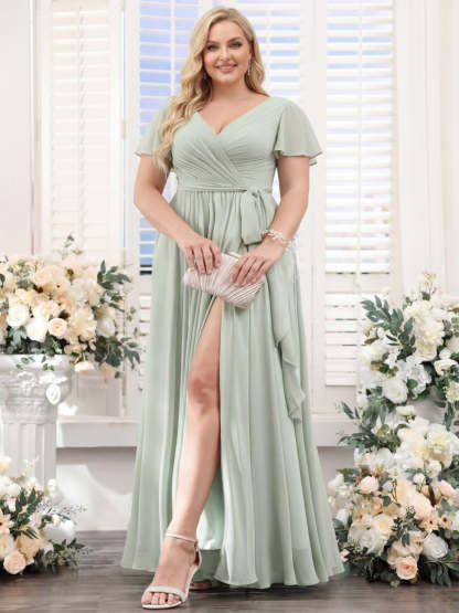 A-Line V-Neck Short Sleeves Split Side Ruched Floor-Length Chiffon Plus Size Bridesmaid Dresses