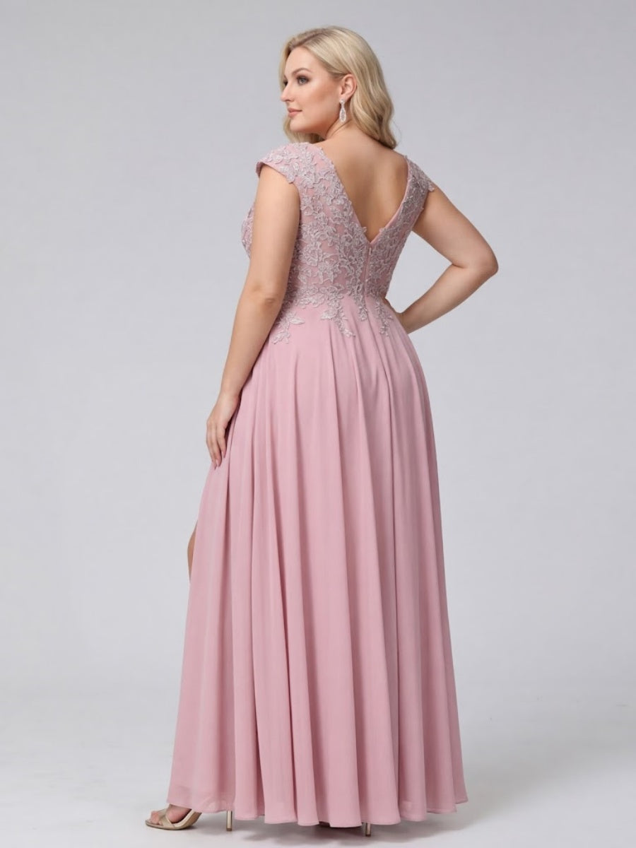A-Line V-Neck Sleeveless Chiffon Long Plus Size Bridesmaid Dresses With Applique Split Side