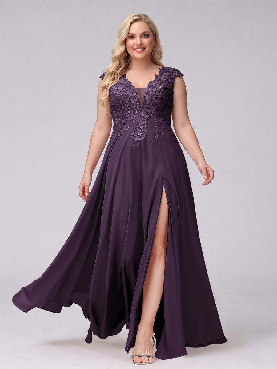 A-Line V-Neck Sleeveless Chiffon Long Plus Size Bridesmaid Dresses With Applique Split Side