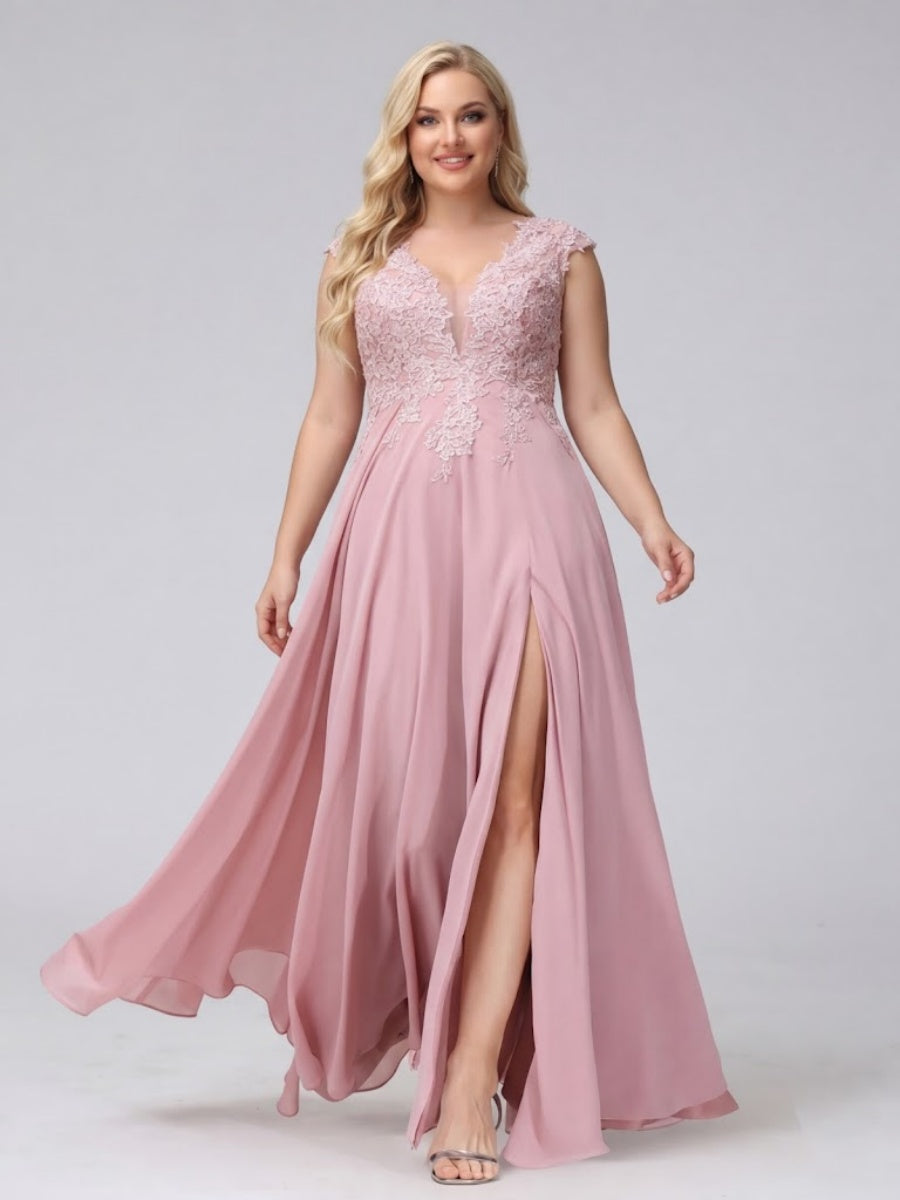 A-Line V-Neck Sleeveless Chiffon Long Plus Size Bridesmaid Dresses With Applique Split Side