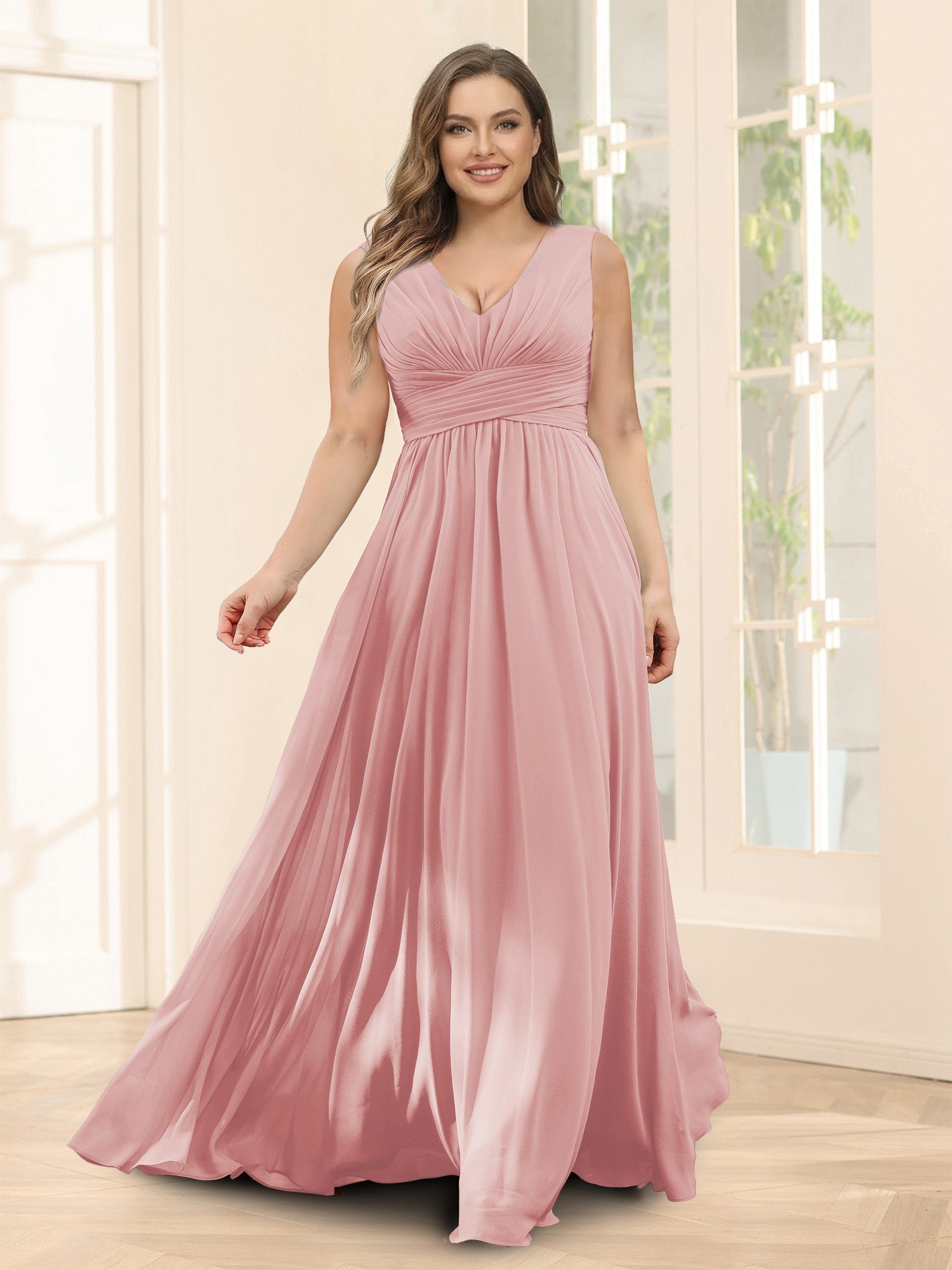 A-Line V-Neck Sleeveless Chiffon Plus Size Bridesmaid Dresses With Pockets