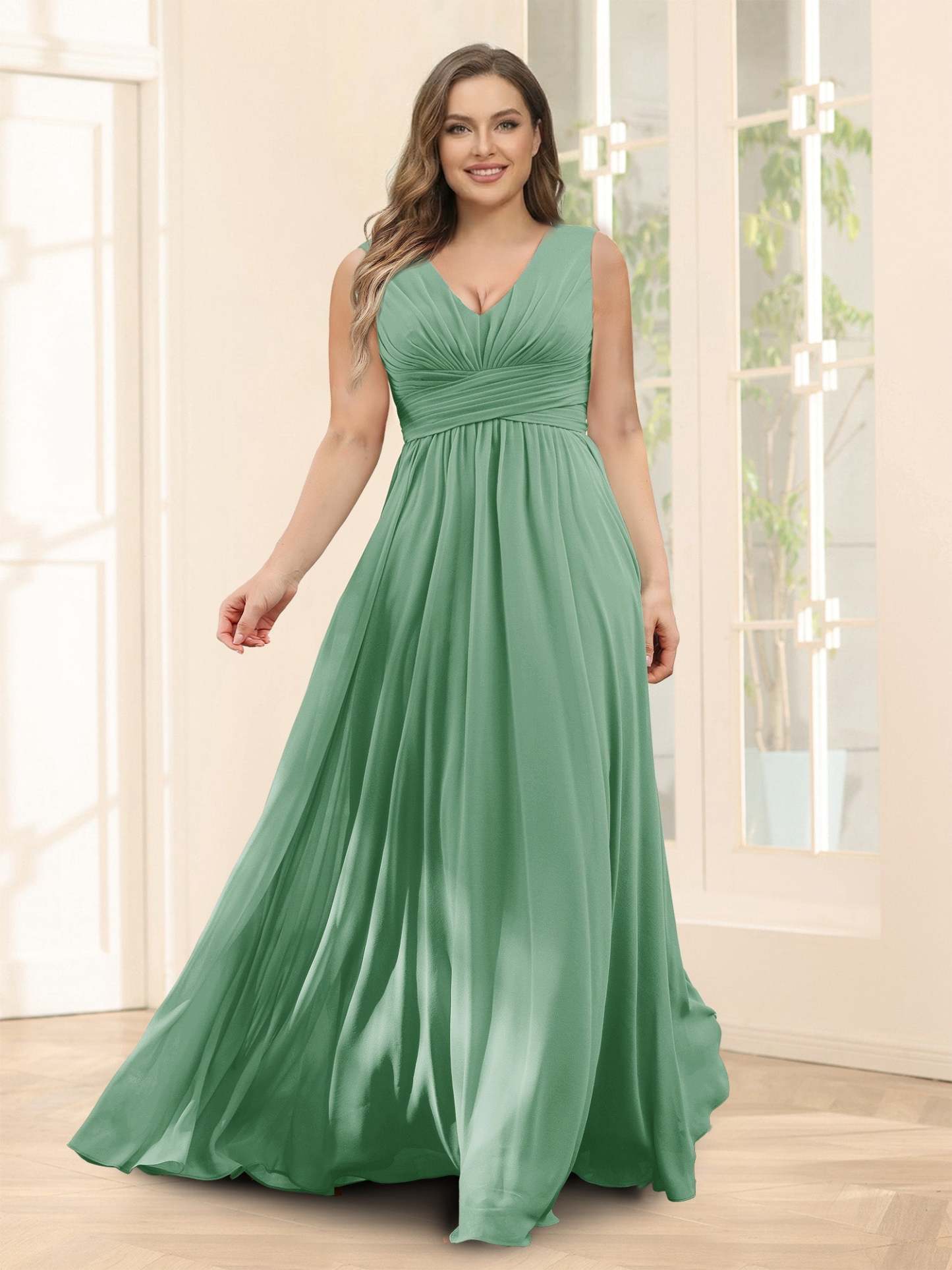A-Line V-Neck Sleeveless Chiffon Plus Size Bridesmaid Dresses With Pockets