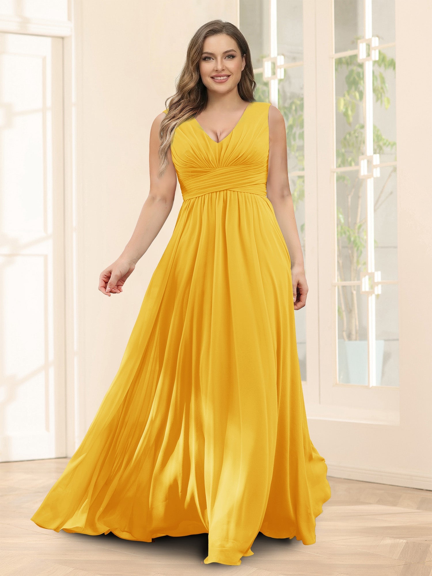 A-Line V-Neck Sleeveless Chiffon Plus Size Bridesmaid Dresses With Pockets