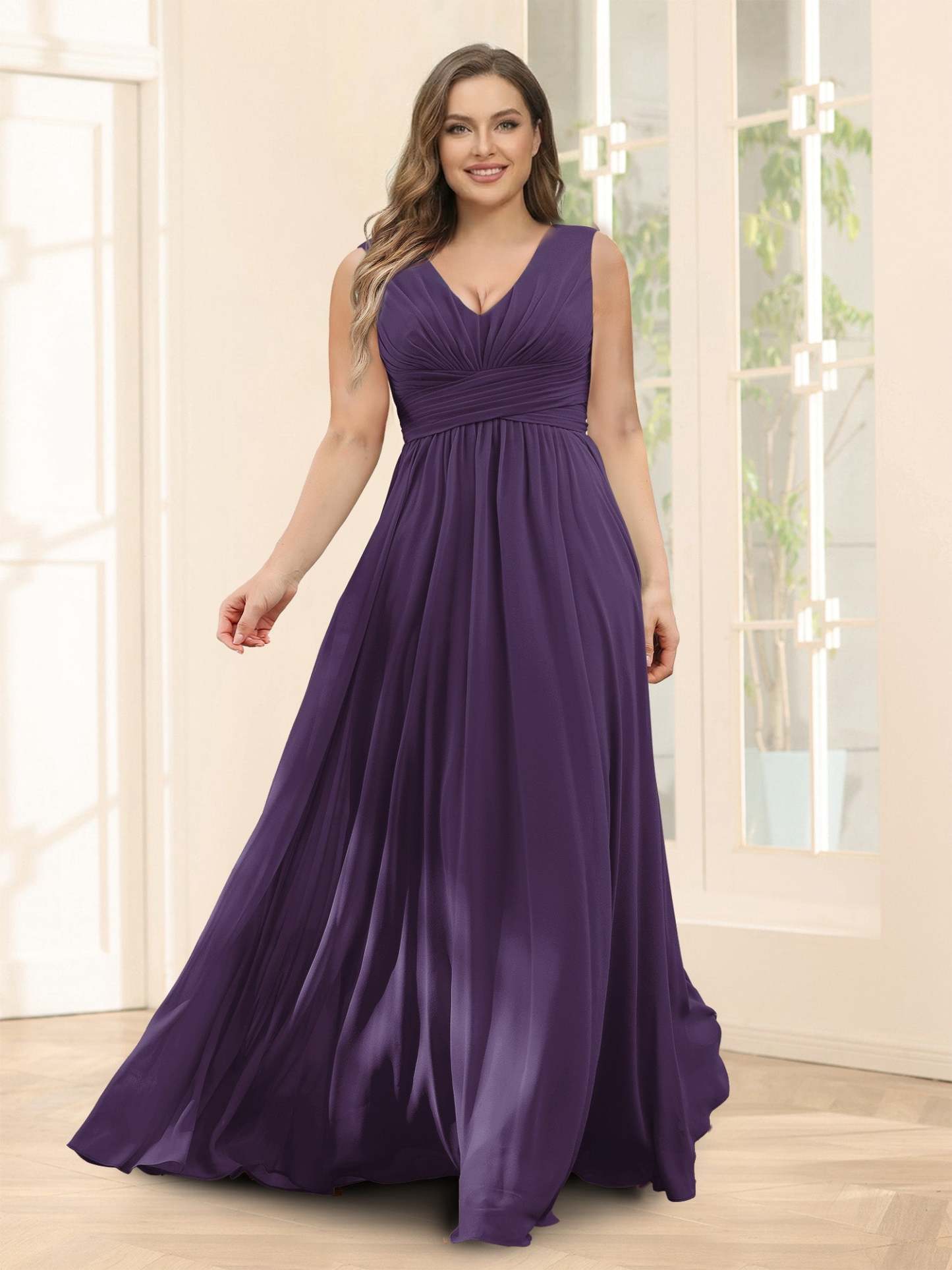 A-Line V-Neck Sleeveless Chiffon Plus Size Bridesmaid Dresses With Pockets