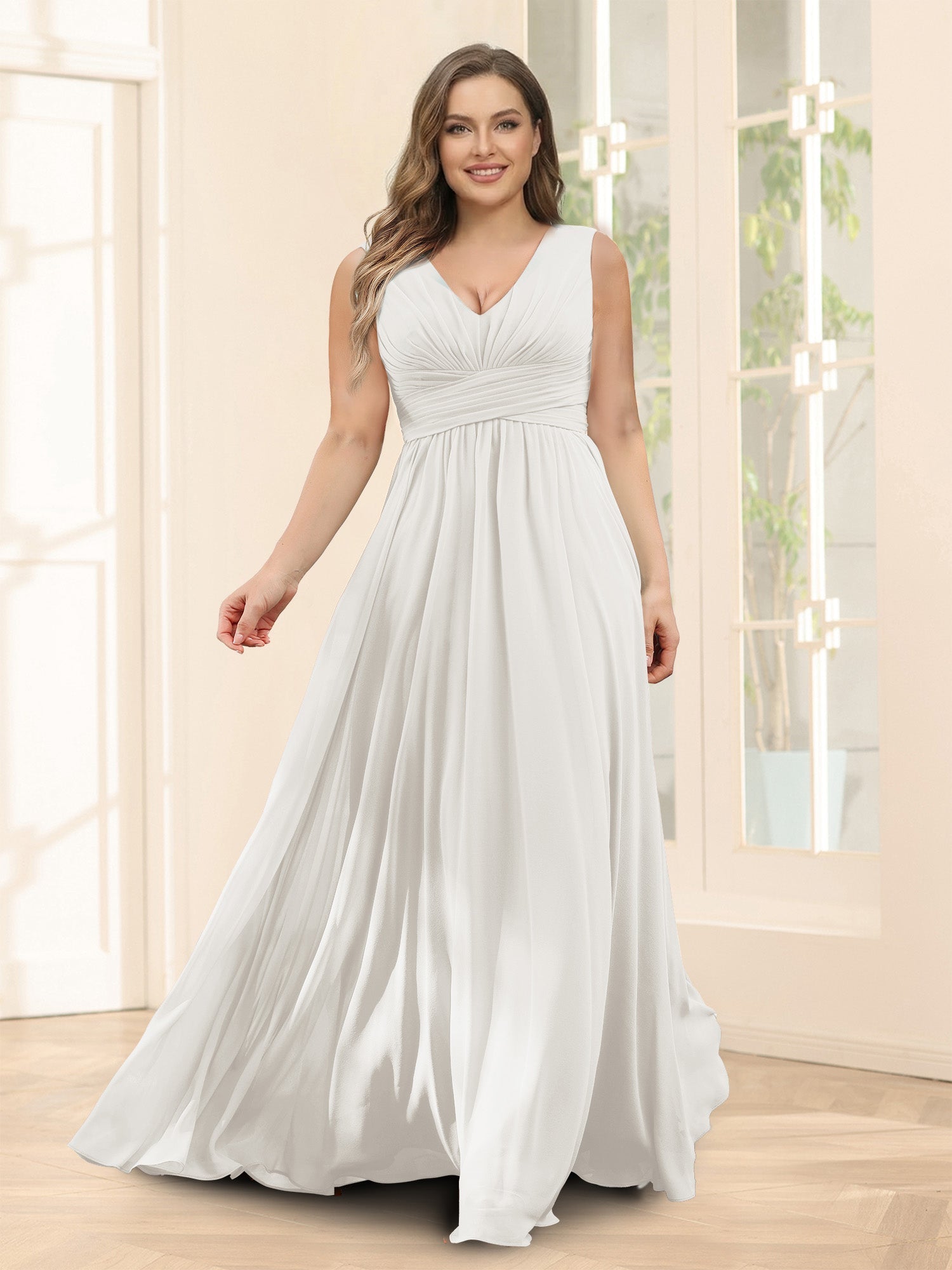 A-Line V-Neck Sleeveless Chiffon Plus Size Bridesmaid Dresses With Pockets