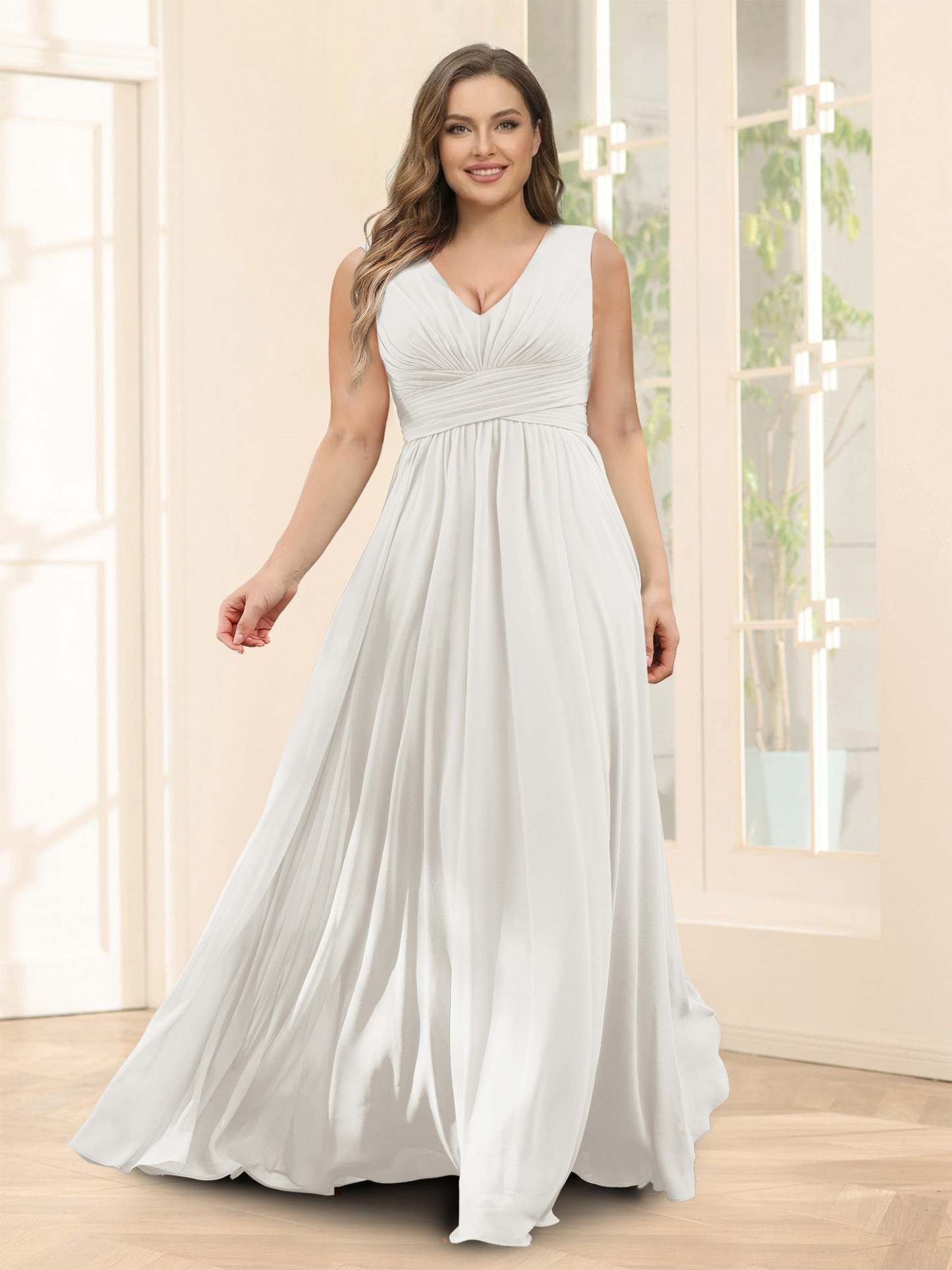 A-Line V-Neck Sleeveless Chiffon Plus Size Bridesmaid Dresses With Pockets