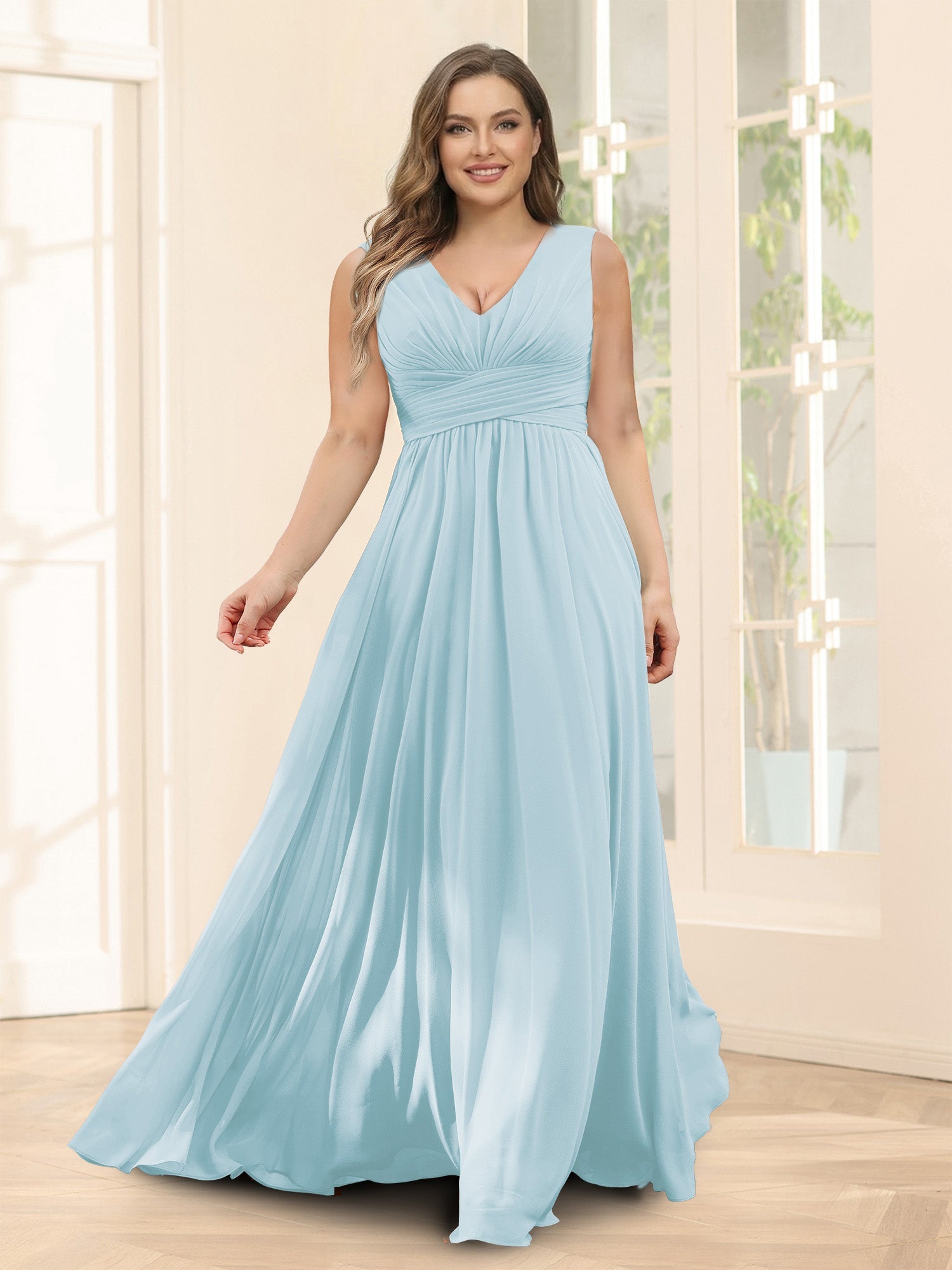 A-Line V-Neck Sleeveless Chiffon Plus Size Bridesmaid Dresses With Pockets