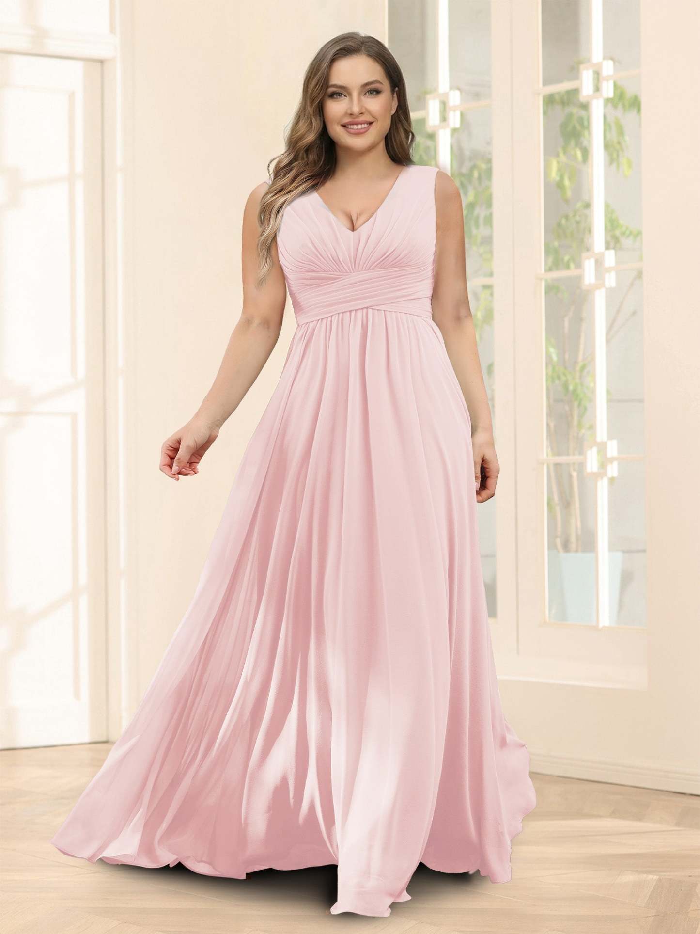 A-Line V-Neck Sleeveless Chiffon Plus Size Bridesmaid Dresses With Pockets