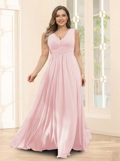 A-Line V-Neck Sleeveless Chiffon Plus Size Bridesmaid Dresses With Pockets