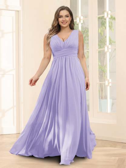 A-Line V-Neck Sleeveless Chiffon Plus Size Bridesmaid Dresses With Pockets
