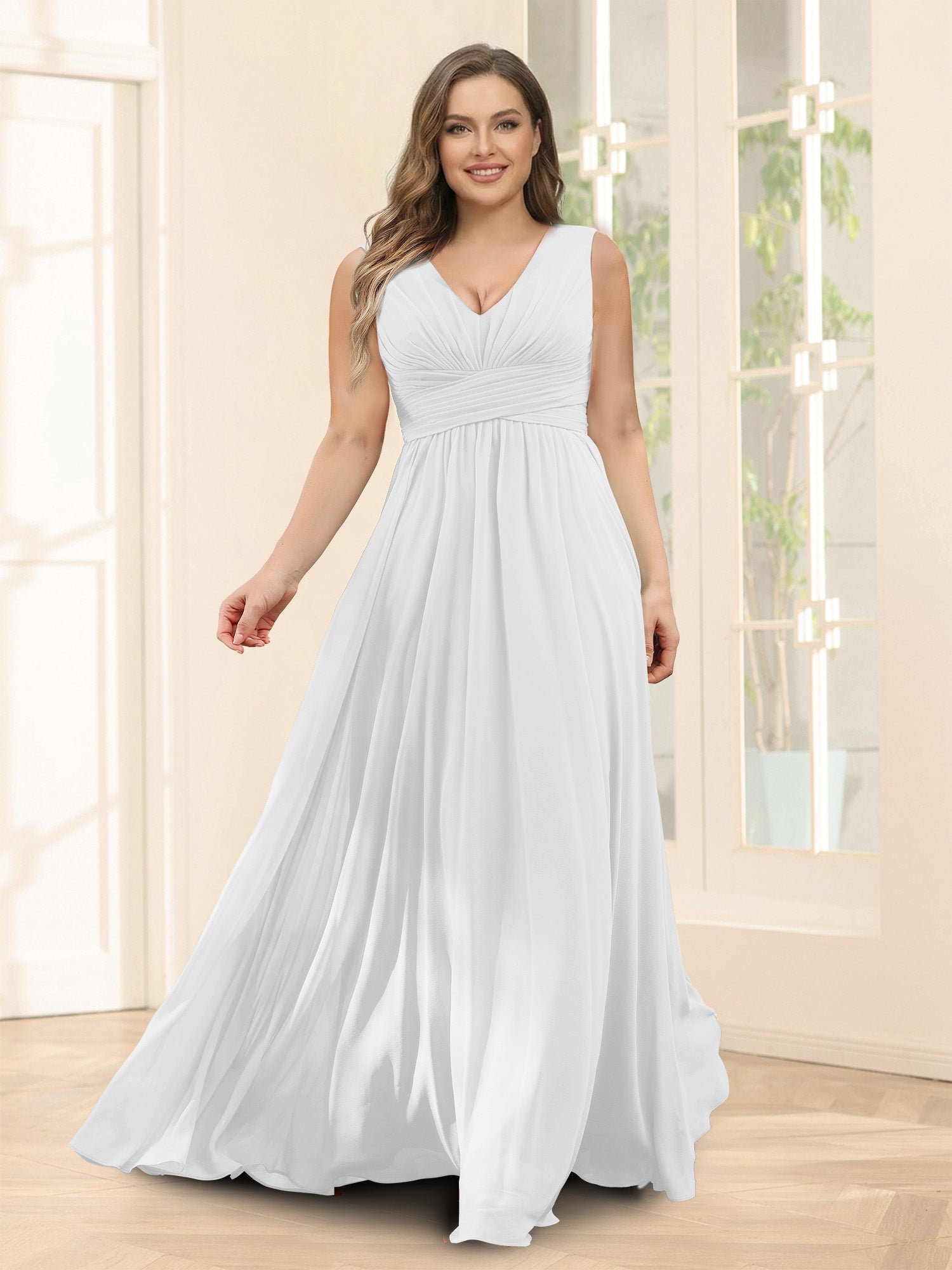 A-Line V-Neck Sleeveless Chiffon Plus Size Bridesmaid Dresses With Pockets