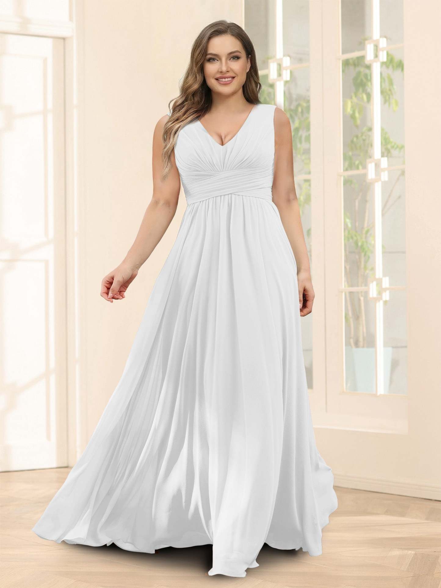 A-Line V-Neck Sleeveless Chiffon Plus Size Bridesmaid Dresses With Pockets