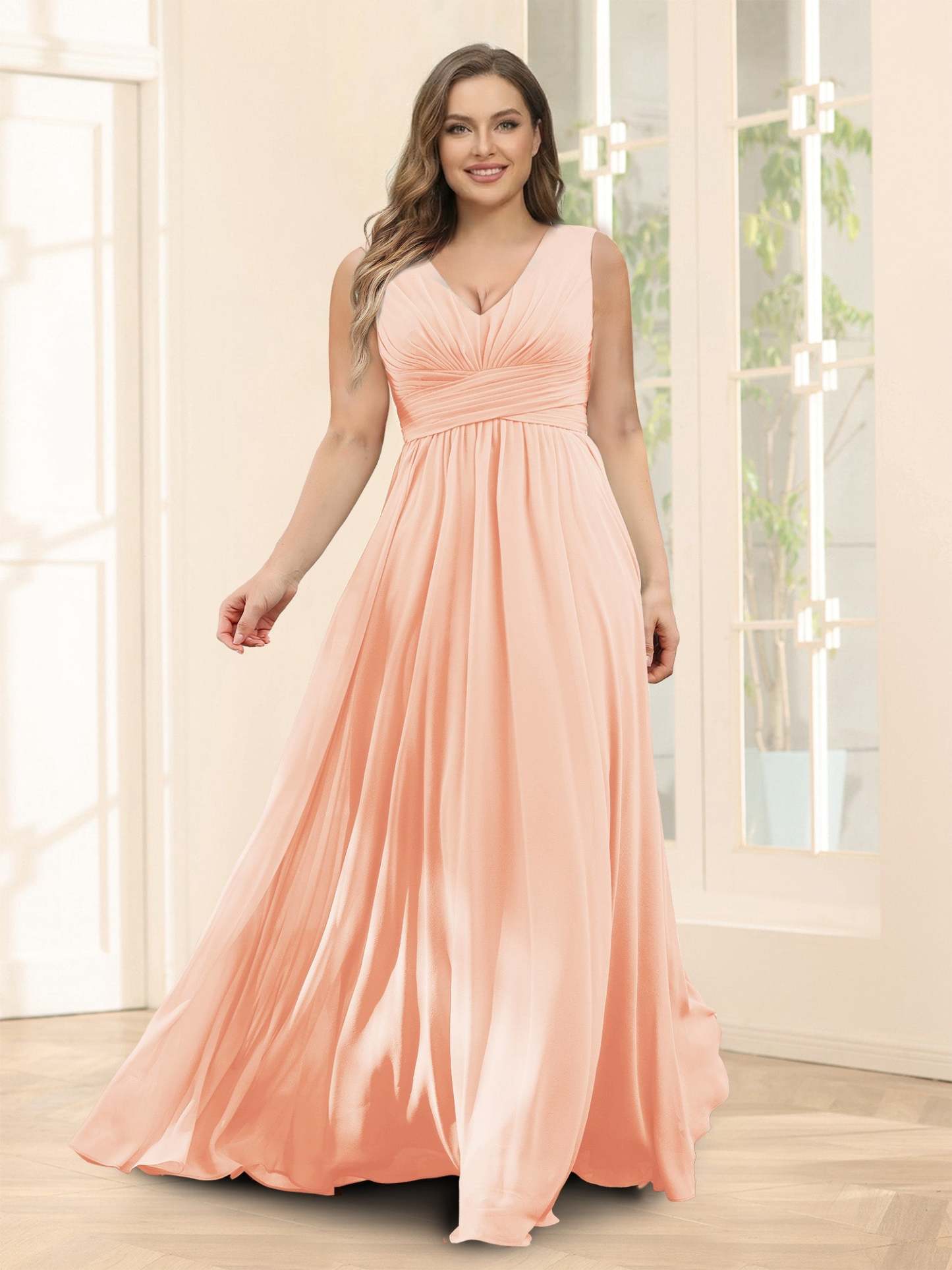 A-Line V-Neck Sleeveless Chiffon Plus Size Bridesmaid Dresses With Pockets
